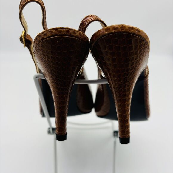 Women's Slingback Heels Shoes Size 6 Fanfares Tan Leather 3.5 in Heel Peep Toe - Picture 7 of 7